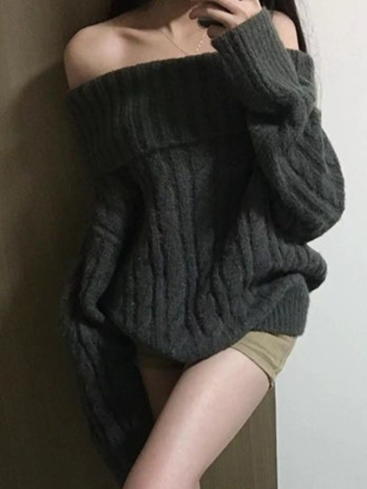 Winter Clothing Factory Outlet - French Design Grey Off Shoulder Knitted