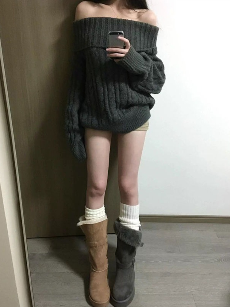 French Design Grey Off Shoulde - Winter Clothing Factory Outlet review and price