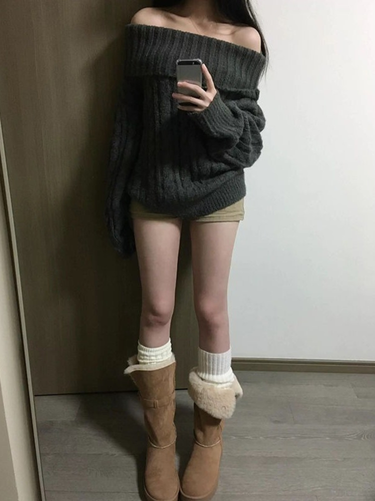 French Design Grey Off Shoulde - Winter Clothing Factory Outlet review and price