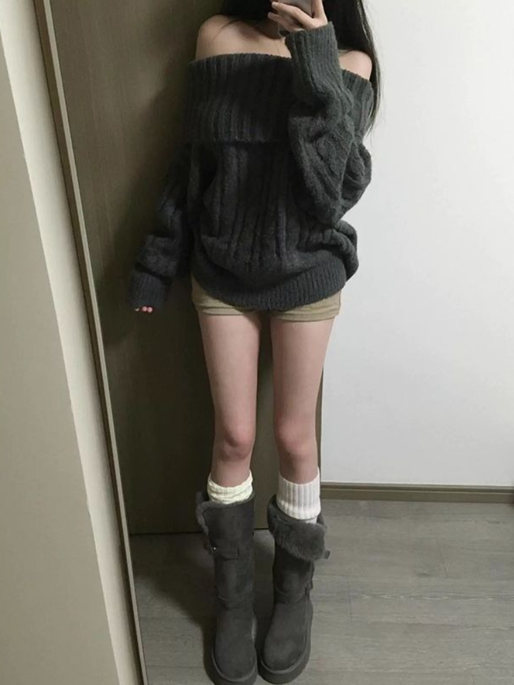 French Design Grey Off Shoulde - Winter Clothing Factory Outlet review and price